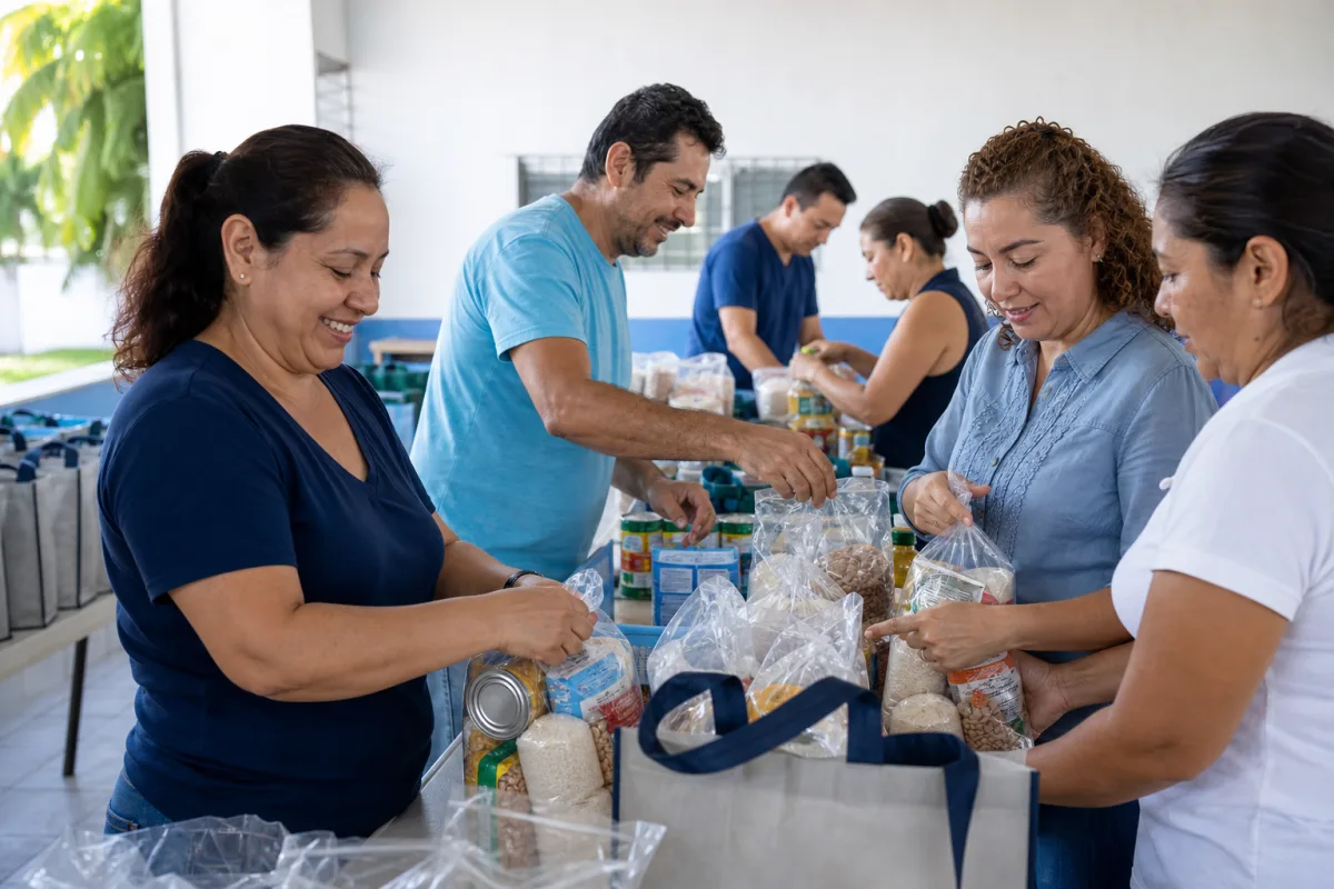 Personas voluntarias preparando despensas y apoyos alimentarios en comunidad